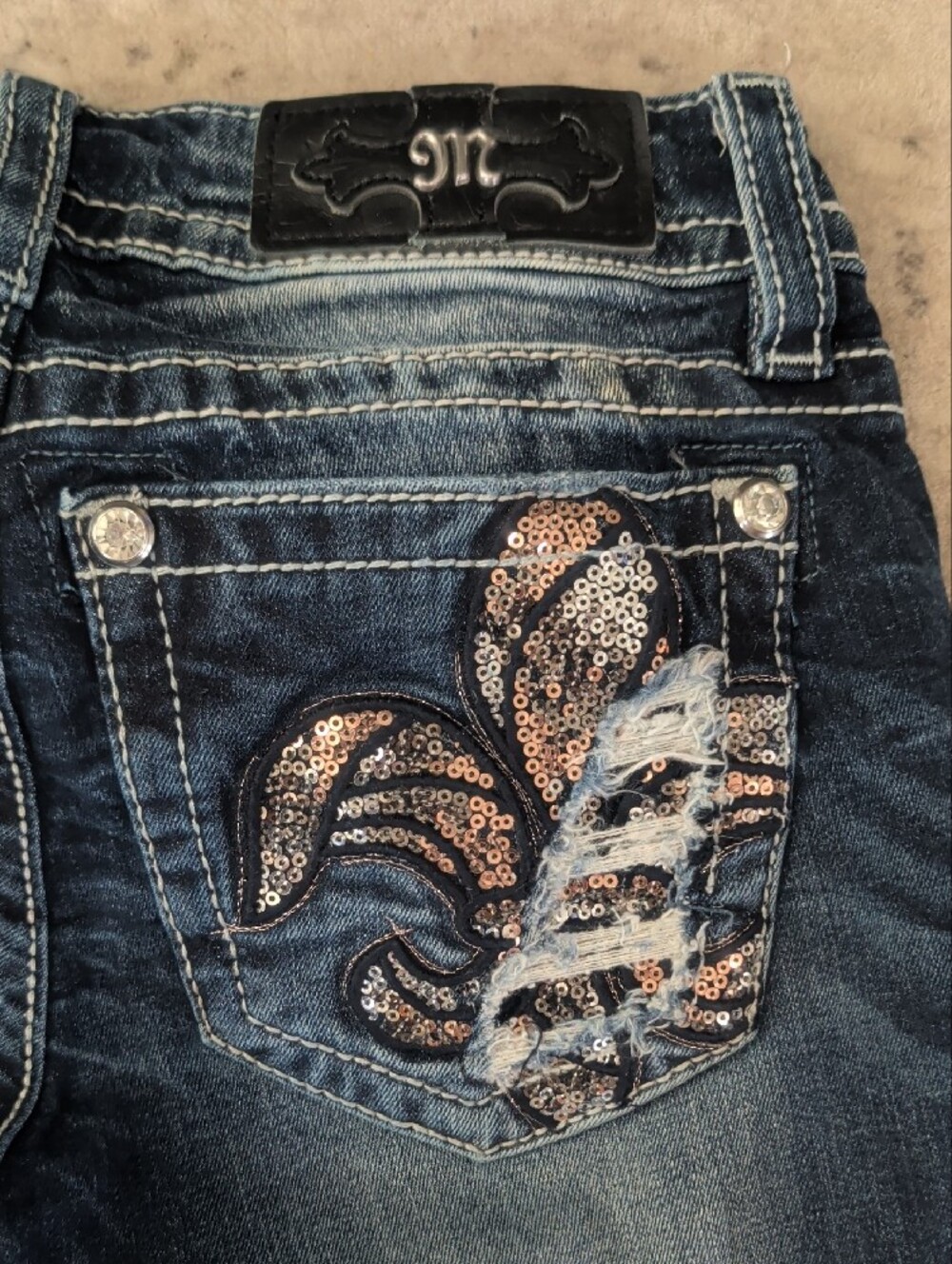 Miss Me Dark Wash Flare Jeans with Distressed Accents - Picture 6 of 7